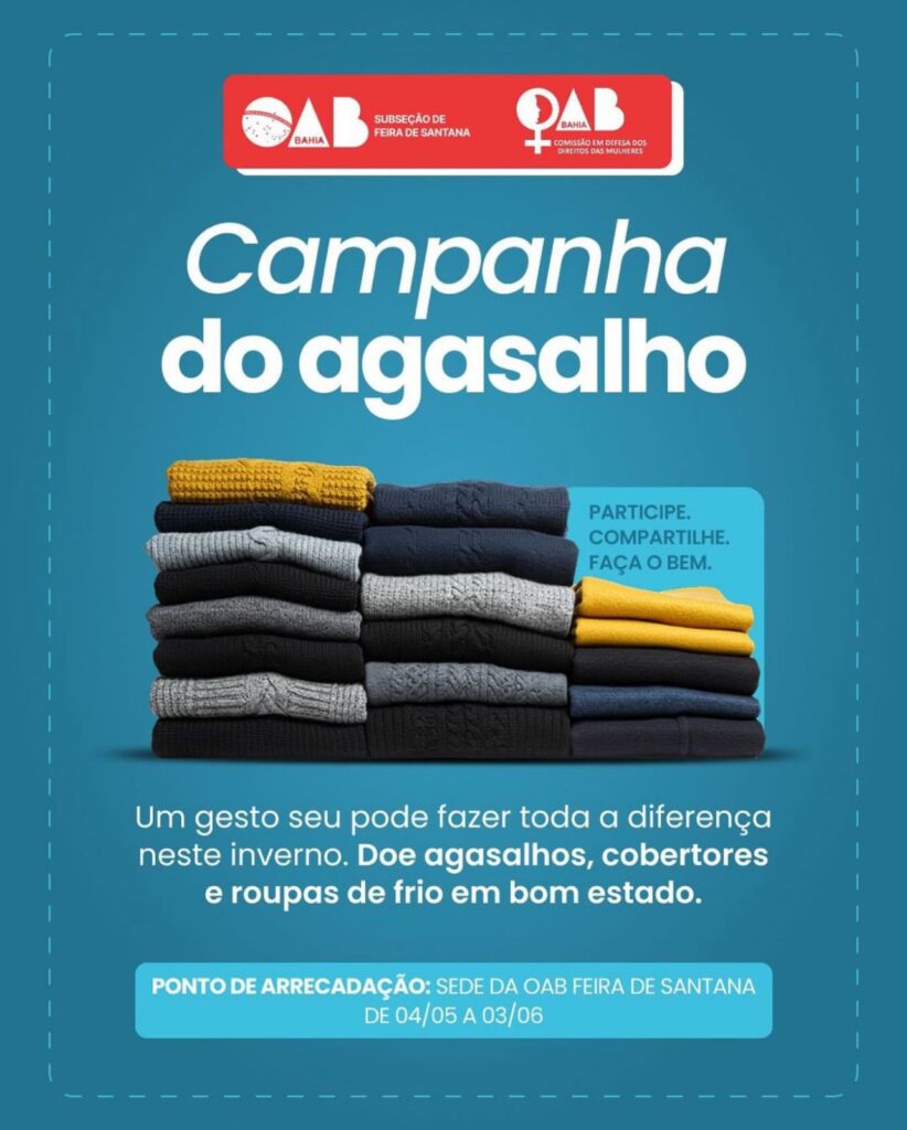 OAB Feira recebe doações para Campanha do Agasalho até 3 de junho
